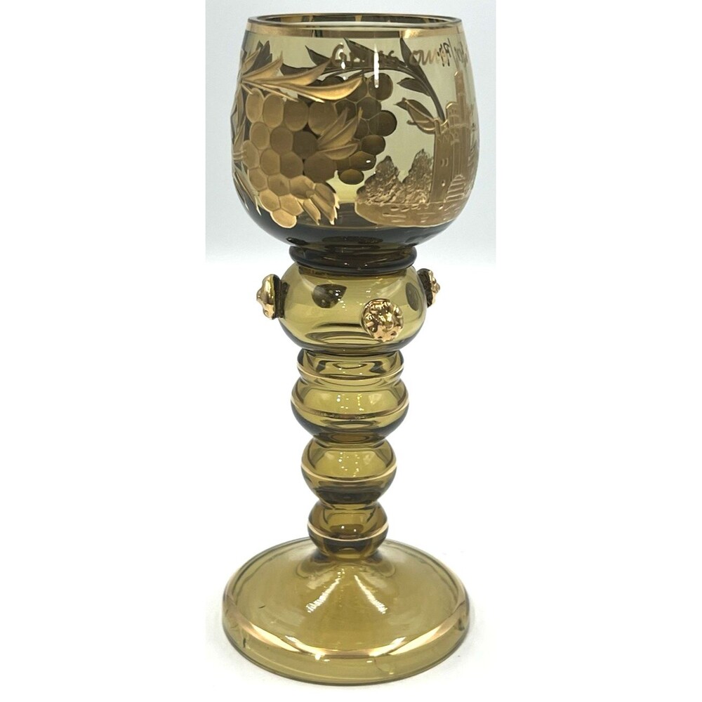 Antique German Wine Goblet Green Roemer Cochem Mosel Gold Gilded Prunts Bingen